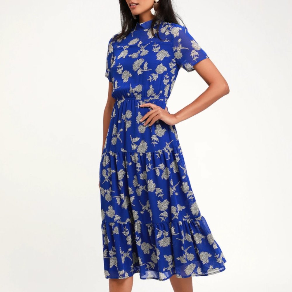 Lulus Royal Blue Floral Print Midi Dress. Never worn.
